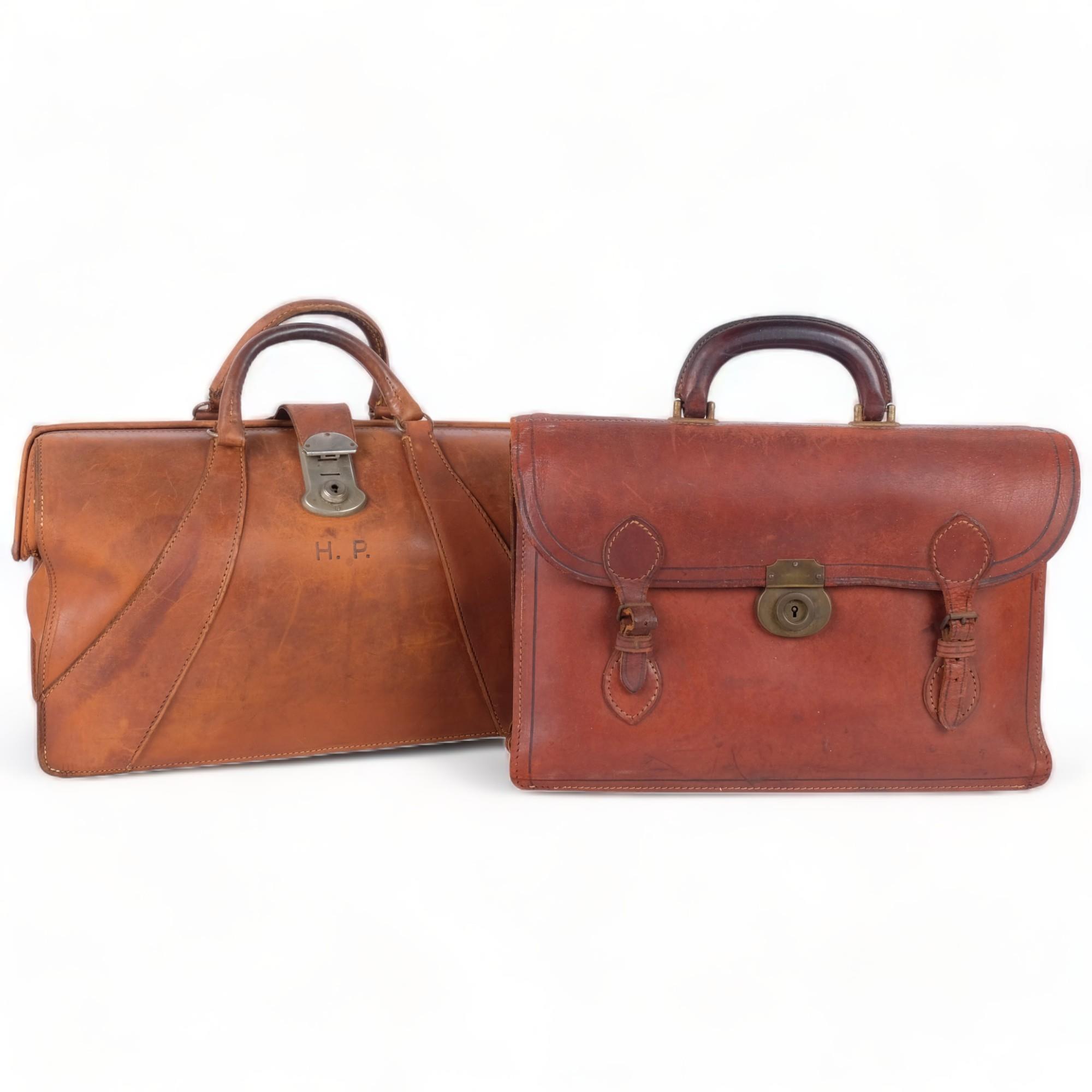A Vintage leather Gladstone bag, L45cm, and a leather attache case