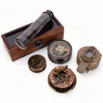 A group of 4 reproduction brass compasses, and a small 2-draw telescope (5)