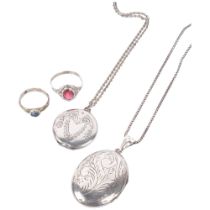 2 early 20th century silver locket pendant necklaces, and 2 silver rings (4)