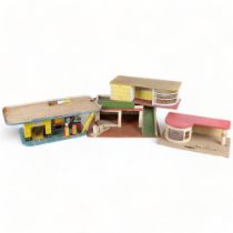 A group of 6 tinplate and wooden toy garages, largest L48cm, H20cm, D30cm (6)