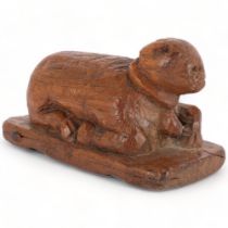 An Antique Folk Art carved wood study of a sheep, on rectangular base, L16cm Good overall condition,
