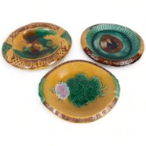 3 Majolica bread plates, all with embossed script including Eat my bread with joy and