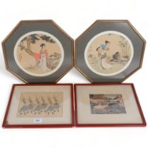 A pair of octagonal Japanese prints, depicting figures in gardens, 35cm, and 2 other Japanese framed