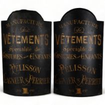 A pair of French pressed metal outfitters advertising signs, for Lagnier & Perrier, H90cm