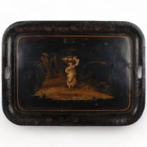 A large Victorian Toleware 2-handled rectangular serving tray, the scene depicting "the floures