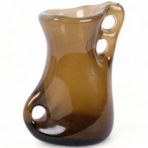 A mid-century Italian free-form blown glass vase, in the manner of AVEM, brown body with bubble
