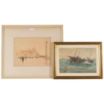 J W Goodchild, watercolour, fishing boat at sea, framed, 34cm x 45cm, and another watercolour,