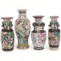 A pair of Japanese crackle glaze vases, with warrior decoration, 24cm, and 2 other Satsuma vases
