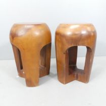 A pair of brutalist solid wood carved stools. 31x46cm. WITH THE OPTION TO PURCHASE THE FOLLOWING LOT