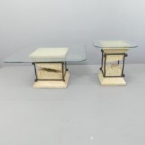 Two similar contemporary square glass-topped coffee tables on composite pedestal bases. Largest