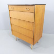 A mid-century teak chest of five long drawers, with label for Avalon Yatton. 78x104x46cm.