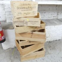 Seven various modern pine wine crates. Largest 51x18x33cm.