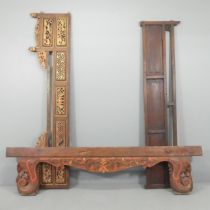 Three Chinese elm bed panels, with carved, pierced and painted decoration. Dimensions: - red and