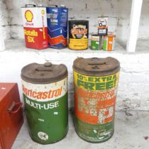 Eight various vintage oil cans, including Shell, Castrol, Agricastrol etc. Tallest 51cm.