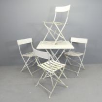 A painted metal folding garden table, 70x72cm, and four matching folding chairs.