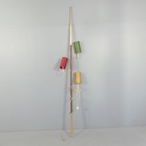 A mid-century design tension pole floor lamp, with three shades. Requires re-wiring. Overall