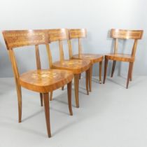 A set of four Italian Sorrento marquetry side chairs.