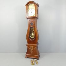 A modern French mahogany cased longcase clock, with 12" arch top enamel and brass dial, pendulum and