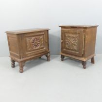 Two similar Breton French oak pot cupboards, with carved decoration. Largest 61x57x32cm.