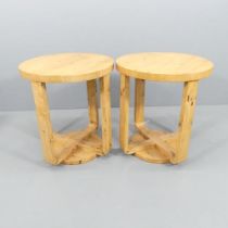 A pair of Art Deco style walnut veneered circular side / lamp tables. 59x65cm. Some use related