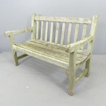 LISTER - A weathered teak slatted garden bench. Overall 121x85x68cm. With maker's label.