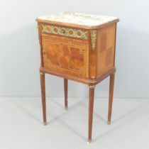A French 19th century style kingwood mahogany marble-topped pot-cupboard with inlaid decoration