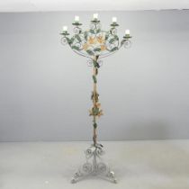 A French painted metal five light floor standing candelabra converted to electric. 75x180cm.