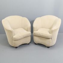 A pair of upholstered art deco design cloud back tubchairs in the manner of Epstein. Overall