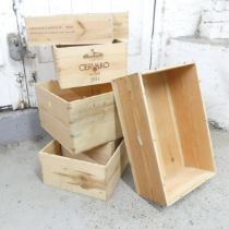 Seven various modern pine wine crates. Largest 52x19x33cm.