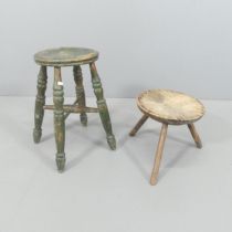 A painted elm-seated kitchen stool, height 51cm, and a milking stool. (2)
