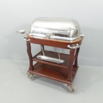 A mid-century style mahogany carving trolley with silver plated fittings, in the manner of