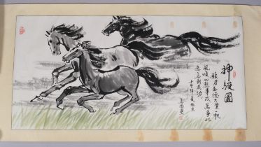 Chinese scroll, running horses, silk surround, overall dimensions 80cm x 158cm, unframed Several