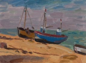 William Warden (1908 - 1982), 2 boats, Dungeness, oil on board, signed, 15cm x 20cm, framed,