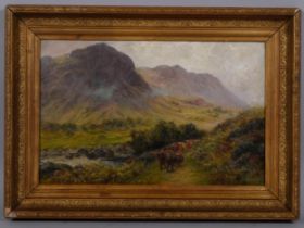 Nora Bowkett, cattle in Highland landscape, oil on canvas, circa 1900, signed, 31cm x 46cm, framed