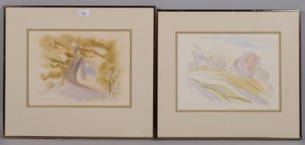 Maurice Dyson, 2 stylised landscapes, watercolour, signed, 26cm x 36cm, framed Good condition