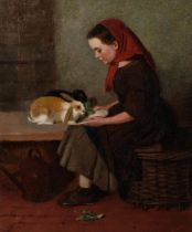 G Barns (flourished 1872 - 1874), girl with 2 pet rabbits, oil on canvas, signed, 30cm x 24cm,
