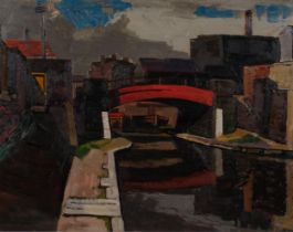 William Warden (1908 - 1982), Leeds canal scene, oil on board, signed, 71cm x 92cm, framed,