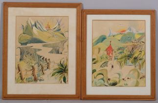 Tanci Bristol (1912 - 2006), 2 mid-century fantasy landscapes, probably illustrations, watercolours,