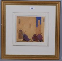 William Grimmond, 3 mischievous figures, watercolour illustration, signed, 22cm x 24cm, framed