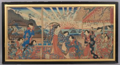 Chikanobu Yoshu, nobility entertaining on Penglai Island, colour woodblock print, image 35cm x 71cm,