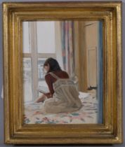 Gillian Furlong, Lucy reading, oil on board, signed with monogram, 16cm x 13cm, framed Good