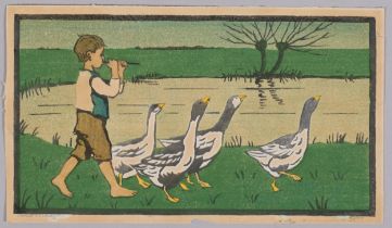 Janet Fisher, boy with geese, colour woodblock print, signed and numbered 27/100, image 16cm x 30cm,