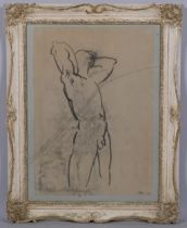 Charcoal nude life study, signed with indistinct monogram, image 61cm x 41cm, framed Damp staining