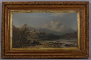 Continental lake scene with castle ruins, oil on canvas, unsigned, 30cm x 56cm, framed and glazed