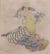Averil Burleigh (1883 - 1949), portrait of a woman with basket of flowers, watercolour, signed, 25cm
