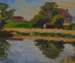 William Warden (1908 - 1982), the pond, Harbour Farm, oil on board, signed, 25cm x 30cm, framed,