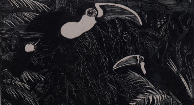 Eric Dalglish (1894-1966), wood engraving on paper, Toucans, 10cm x 17.5cm, mounted, glazed and