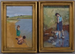 Gillian Furlong, figures on a riverbank, pair of oils on board, signed with monogram, artist's