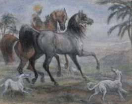 Benita Bammer (1938 - 1995), horses rider and dogs in landscape, watercolour/ink, signed and dated