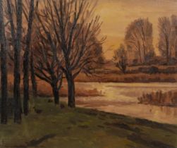 William Warden (1908 - 1982), autumnal lake scene, oilon canvas, signed and dated 1955, 56cm x 66cm,